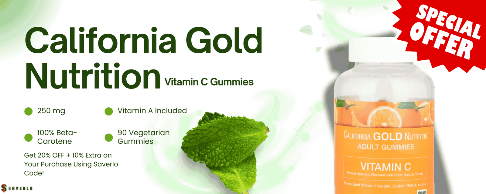 Promotional banner for California Gold Nutrition Vitamin C Gummies from iHerb, detailing a special discount offer available through Saverlo.