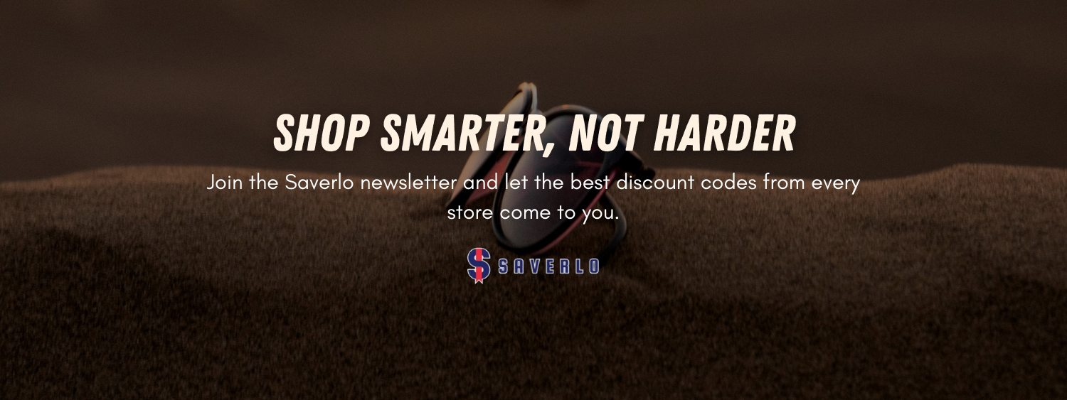 A banner with sunglasses resting on a sandy surface. Text reads: "Shop Smarter, Not Harder. Join the Saverlo newsletter."