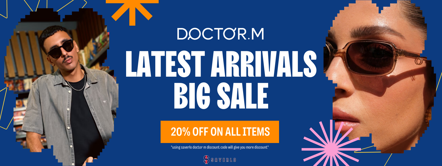 Doctor.M "Latest Arrivals Big Sale" banner, offering 20% off on all items.