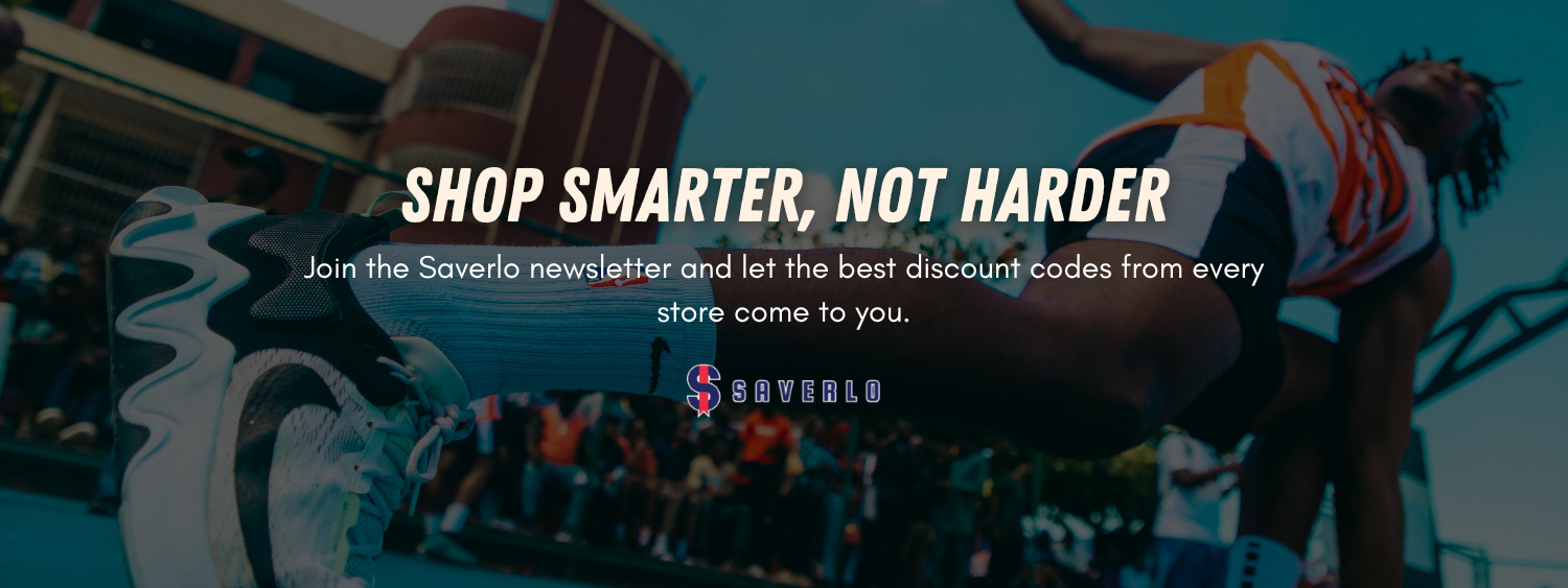 A banner for the Saverlo newsletter with the text "Shop Smarter, Not Harder" overlaid on a dynamic photo of a person playing basketball.