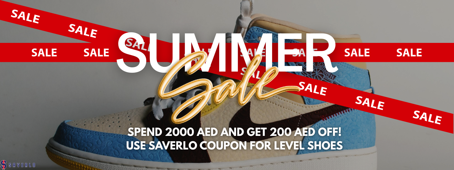 Summer Sale banner for Level Shoes: Spend 2000 AED and get 200 AED off with a Saverlo coupon.
