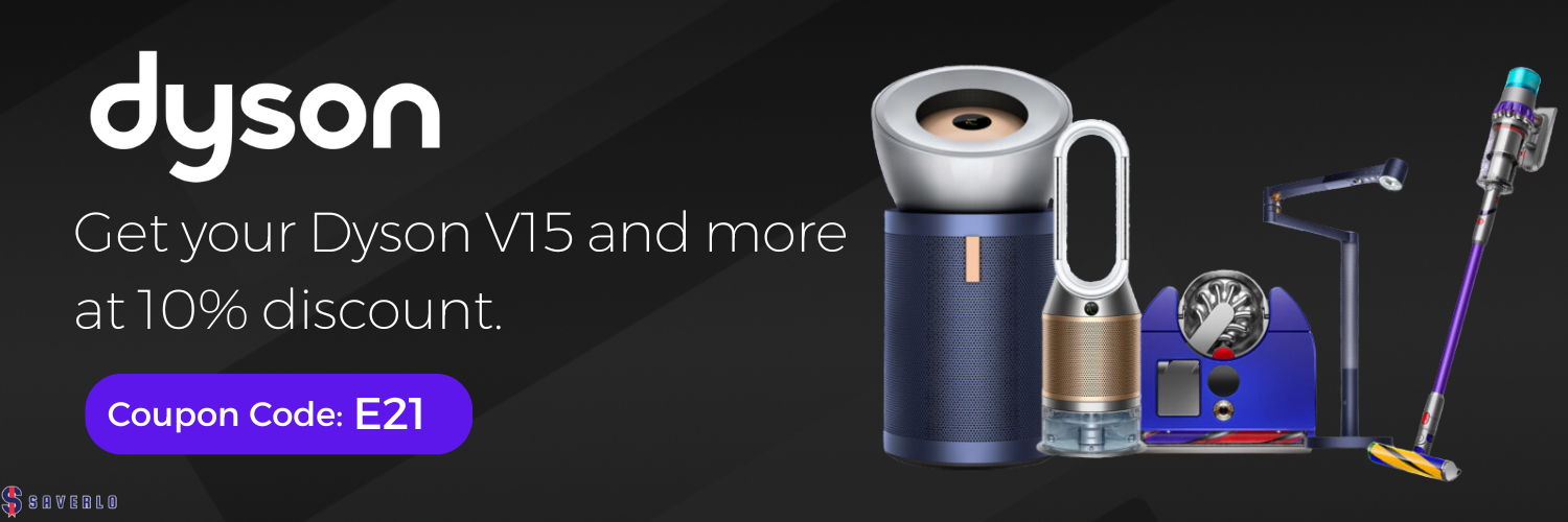 Promotional banner for Dyson UAE offering a 10% discount on the V15 vacuum and other products with dyson discount code E21.